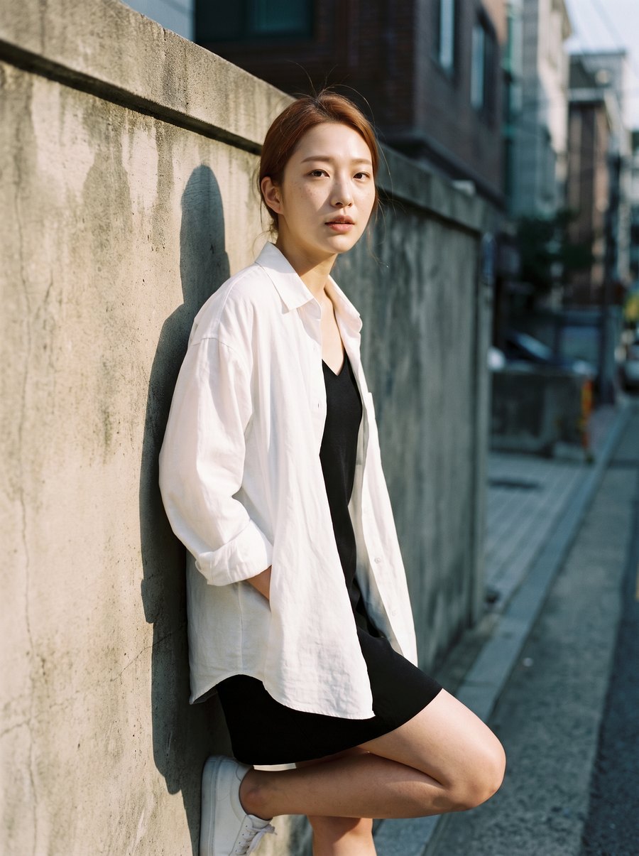 담벼락에 기댄 모습